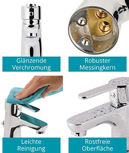 Calmwaters® Wasserhahn Bad - 56 mm Auslaufhöhe - leichte Reinigung - robuster Messingkern - mit Excentergarnitur und 35 cm Anschlussschläuche - Hochdruck Waschtischarmatur Bad - Image 3