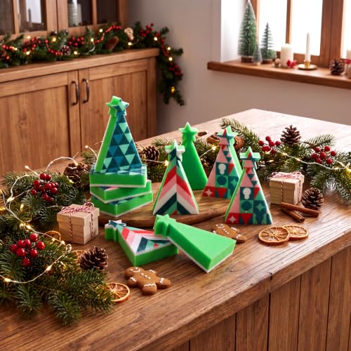 Image of Tioncy 12 Pack Christmas Tree Kitchen Sponges Bulk Colorful Geometric Tree Dual Sided Scrubber Sponges Dishwashing Kitchen Cleaning Accessories for Home Decor Household Supplies