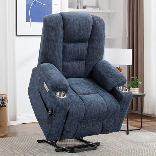Power Recliner Chair with Massage and Heat Ergonomic, Chenille Fabric Reclining Chair with USB and Type C Ports, 2 Steel Cup Holders, Remote Control for Living Room, Bedroom - Blue