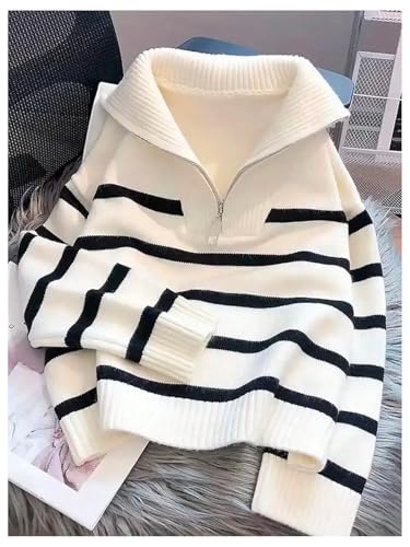 Women's Striped Quarter Zip Pullover Top Long Sleeve Knit Collared Sweaters3
