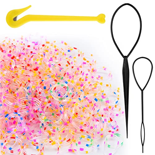 AUXSOUL 1000 Piezas Gomas de Pelo Gomas Pelo Pequeñas Gomitas para El Pelo Gomitas Pelo Multicolor Transparente con 2 Hair Tejido Tool para Niñas Bebés Niñas Pequeños Rastas