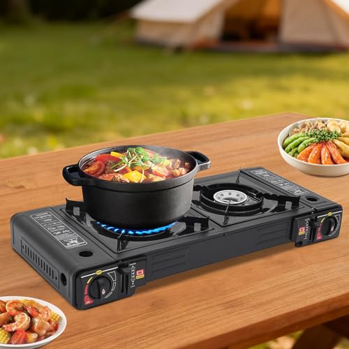 Réchaud à gaz portable à deux brûleurs de 5000 W avec sac de transport, ensemble de réchauds de camping pour la randonnée, le camping et les situations...
