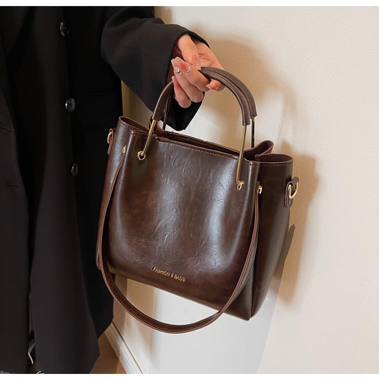 Vintage Shoulder Bag, Vegan Leather Tote Bag, Retro Brown Purse for Fall and Winter3