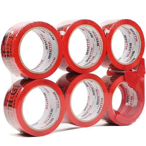WELSTIK Lot de 6 rollos de cinta adhesiva de vidrio con dispensador de plástico para paquetes quebradizos, 50 mm x 66 m por rollo