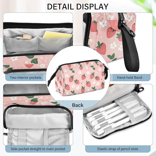 Image of Cute Strawberry Flower Pencil Bag Pencil Case for Teen Boy Girl, Big Capacity Pen Bag Zipper Pencil Pouch with Handheld Aesthetic Pencil Pouch School Office Stationery