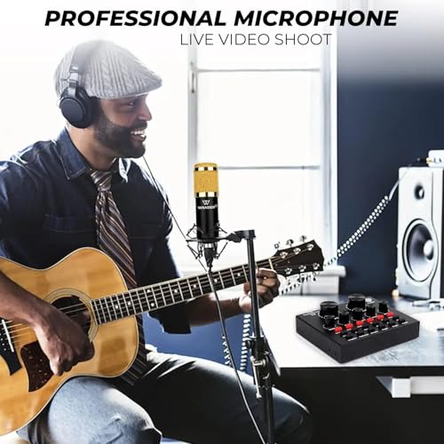 Image of Condenser Microphone Full Setup with Sound Card for Podcast Recording, Singing, Voice Capturing, YouTube Videos, Interviews Recorder Microphones (Black, V8 Sound Card, BM800 Mic)