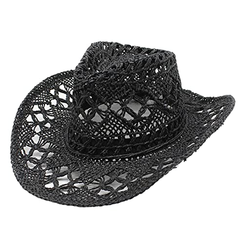 Sombrero de vaquero occidental para mujer y hombre, sombrero de paja moldeable, sombrero para el sol ahuecado para hombre (negro, talla única)