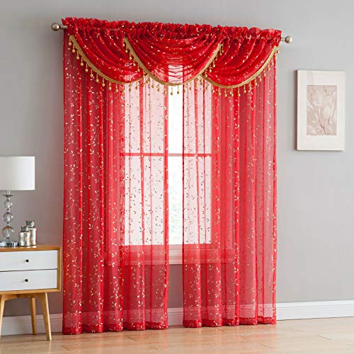 Luxury Home Textiles Adeline 5 Piece Curtain Set with Beaded Austrian VALANCES (Red/Gold)