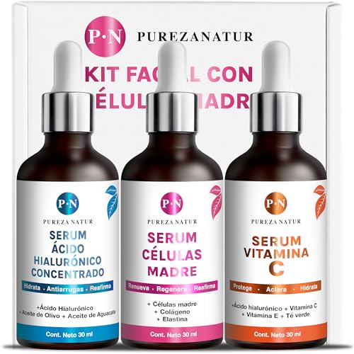 Kit Serum facial Acido Hialurónico, Vitamina C y Células Madre anti edad | Paquete completo de serum para el cuidado de la piel, hidratación y...