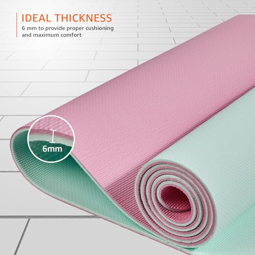 Image of AmazonBasics Dual Colour Yoga Mat | 6 MM Thick Mat | Carry Strap | Grippy Surface | Anti Slip Exercise Mat | TPE & EVA Material | Yoga Mat for Men & Women (Turquoise & Pink)