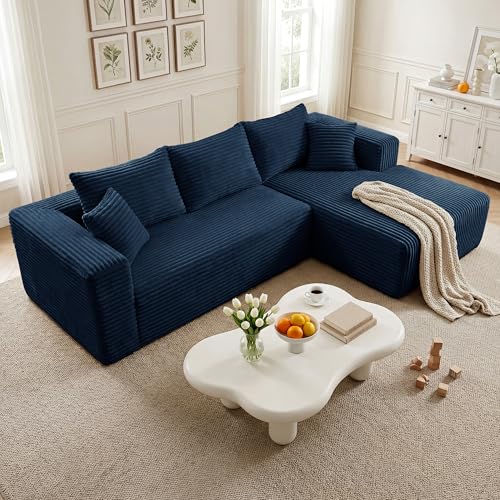 92.5 L-Shaped Cloud Modular Sectional Sofa Modern Corduroy Memory Foam Couch with Right Facing Chaise Lounge Upholstered Boneless Deep Seat Fluffy Sofa No Assembly Needed for Home Navy Blue