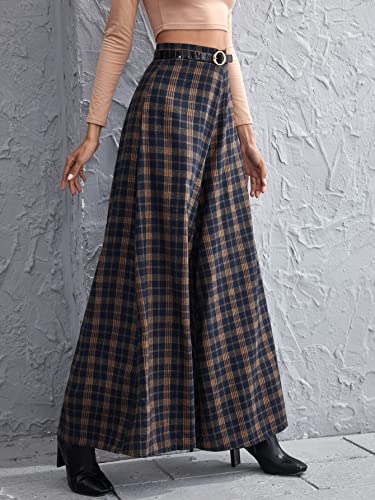 Floerns Women's Tartan Print High Waist Wide Leg Loose Fit Long Pants Trousers4