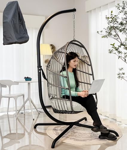 MOJIA Hängesessel mit Gestell Polyrattan mit Kissen & Abdeckhaube, Hängesessel Outdoor&Indoor Faltbarer Hängestuhl Belastbar bis 195 kg (Hellgrau)