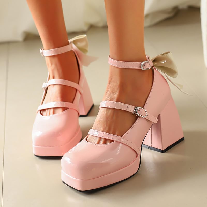 FIFSY Platform Mary Jane Shoes Square Toe Strappy Mary Jane Heels with Bow Women's High Chunky Platform Pumps Heels Closed Toe Heels Comfortable Dress Wedding Party Shoes2