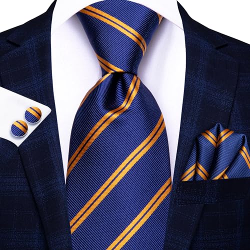 Image of Hi-Tie Men Ties Sets Silk Stripe Paisley Necktie Pocket Square Cufflinks for Business Wedding