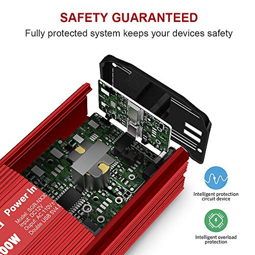 GELOO 300W Power Inverter, DC 12V to 110V AC Car Power Converter with 4.8A Dual USB Ports Car Charger Adapter (Red)