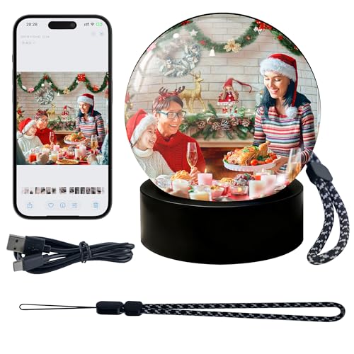 Boule de Noël personnalisée en Verre 3D avec Lecteur vidéo – Écran WiFi 7 cm – Décoration de Noël ultrasonique Personnalisable – Cadeau d'anniversaire à Faire soi-même – Noir