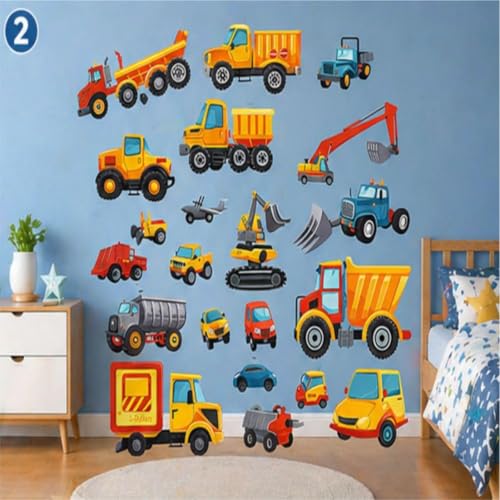 Image of Construction Vehicles Wall Sticker for Ki-ds | Self Adhesive Cartoon Truck, Excavator & Dump Truck PVC Wall Decal for Bedroom, Nursery & Playroom