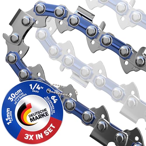 Juego de 3 cadenas de motosierra 30cm - 1/4' LP Paso - 1.1mm - 64 Eslabones motrices - Cadena de sierra con brazo antirretorno compatible con muchas marcas de motosierra