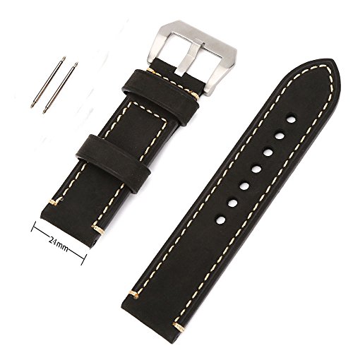 Black 24mm Width Genuine Leather Wristwatch Band Men Watch Strap Watchband