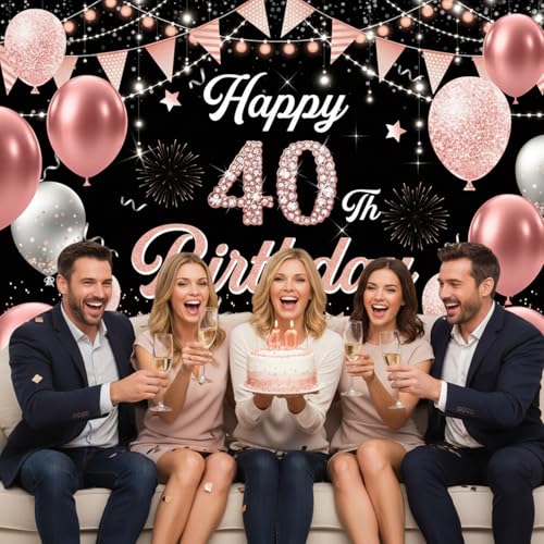 Image of 40th Birthday Decorations for Women - Happy 40th Birthday Banner Decorations Cheers to 40 Years Birthday Party Indoor and Outdoor Decoration Suppiles Pink Backdrop for 40th Birthday Party Favors Decor