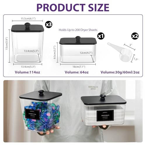 3+1 Pack Clear Laundry Pods Container & Dryer Sheet Holder, Plastic Square Laundry Room Organization and Storage Jars with Black Lids, Scoops & Labels for Detergent, Powder, Dryer Balls - Image 3