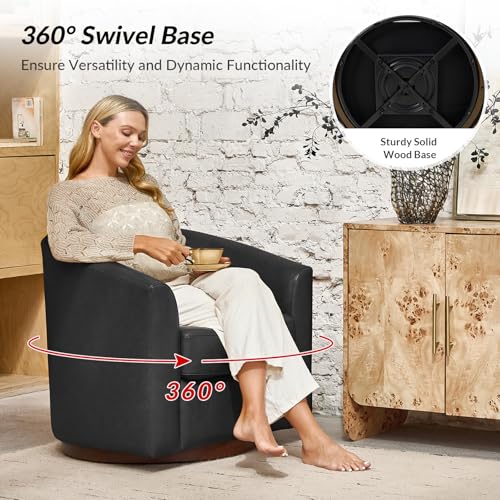 Image of HULALA HOME Genuine Leather Swivel Barrel Chair, Round Swivel Accent Chair with Solid Wood Base, No Assembly Required, Black