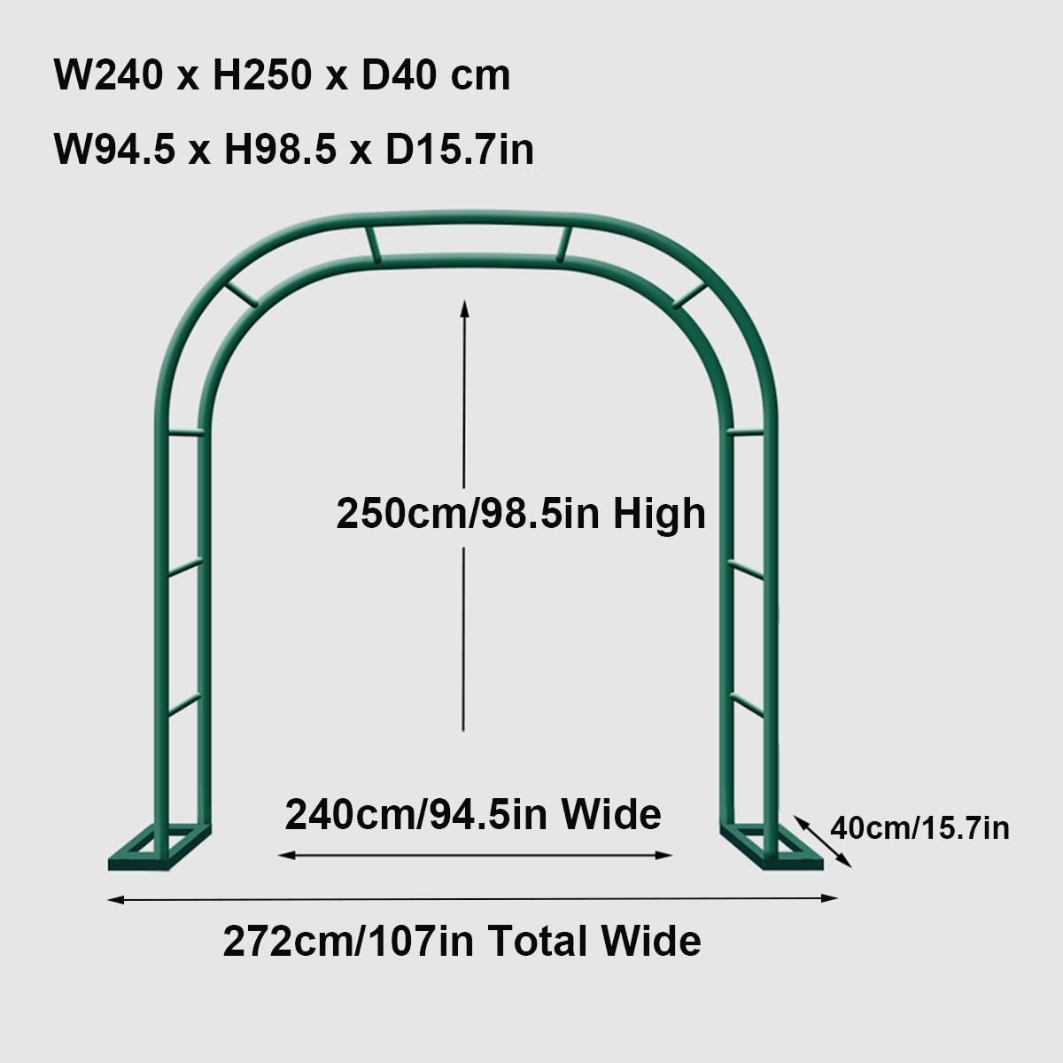 Metalowy łuk ogrodowy do roślin pnących i róż, stabilne podparcie kratki z podstawą, łuk ślubny, zielona krata, szer. 240 x wys. 250 x gł. 40 cm, idealny do dekoracji na zewnątrz
