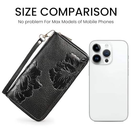 Leather Womens RFID Blocking Wallets Wristlet Clutch Double Zipper Wallet Large Capacity for Phones Credit Card Holder Black3