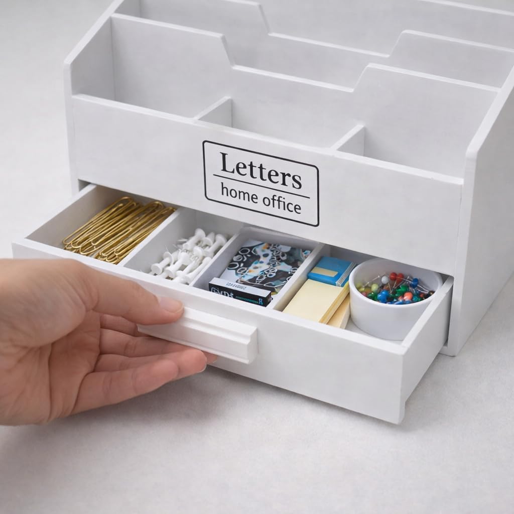 DRULINE Lettere Vassoio Lettera Postablage Supporto con Cassetto Porta Lettere Postbox Carta Scatola Vassoio di Carta Legno - Bianco