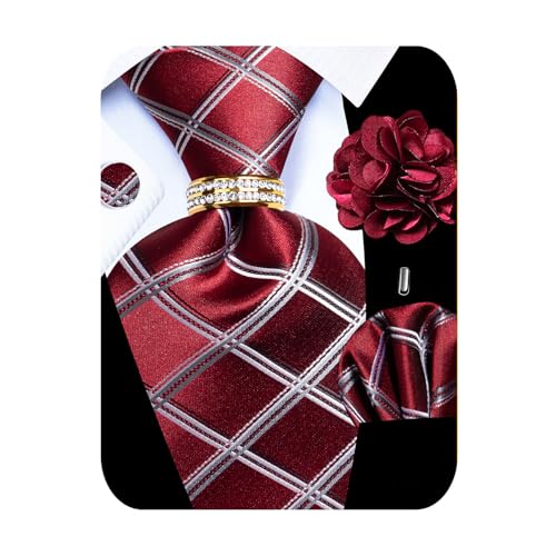 Image of 5PCS Mens Premium Silk Tie, Pocket Square, Cufflinks, Drilled Tie Ring and Lapel Pin Set for Wedding Groom Party