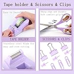 Purple Office Desk Accessories Supplies, 12pcs Desk Organizers and Accessories with Tape dispenser and Stapler,Staples,Staple Remover,Pen Holder,Scissor,Ruler,Sticky Tabs,Tape,Ballpoint Pen,Clips Set - Image 4