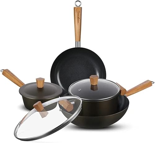 MMLLZEL - Juego de ollas Wok para sopa olla de leche de cerámica antiadherente juego de 4 piezas con tapa olla de cocina
