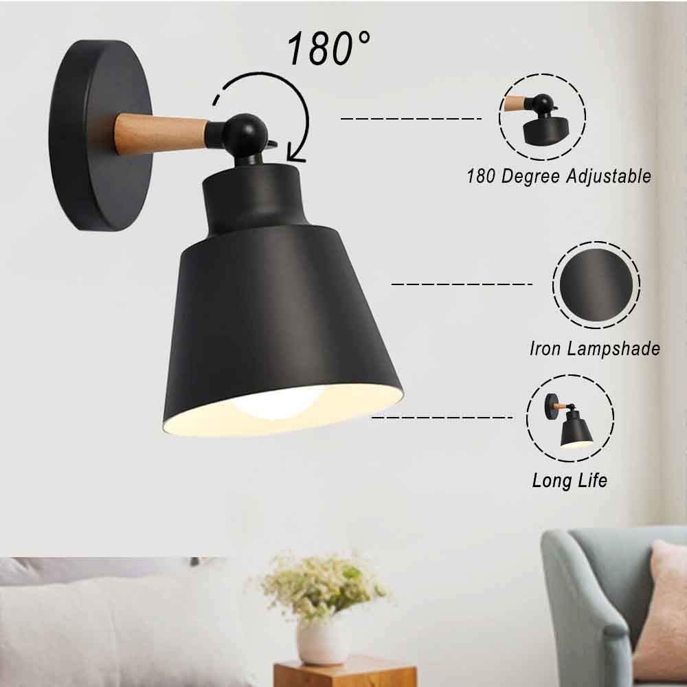 Luminaires Moderne E27 Edison Applique Spot Murale en Métal Contemporaine Loft Led Bois Appliques de Type Bougeoir pour Chevet Maison Café Bar Couloir Salle à Manger Salon Chambre (Noir)