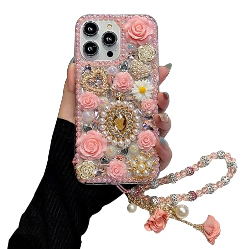iFiLOVE for iPhone 12/12 Pro Bling Diamond Case with Flower Strap, 3D Luxury Sparkle Glitter Crystal Rhinestone Pearl Love Rose Wristband Bracelet Case Cover for Girls Women Kids (Pink)