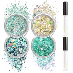 Allstarry Holographic Chunky Body Glitter 4 Colors Cosmetic Face Glitter Eyeshadow Makeup Holographic Mermaid Cosmetic Laser Powder Rave Accessories with Body Glue for Women Makeup Nails DIY Crafts