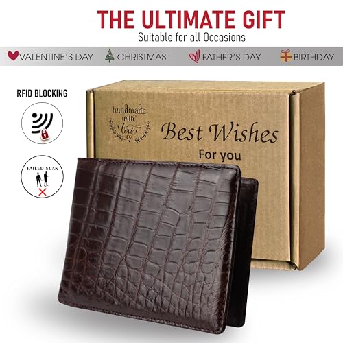 Image of HATA Men Leather Wallet Croc RFID Blocking Front Pocket AIIigator Handmade Gift For Birthday Wedding Anniversary Father's Day