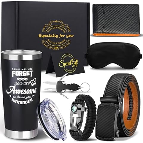 VUEJIC Birthday Gifts Baskets for Men,Premium Gift Baskets for Him,Cool Camping Outdoorsman Gift Set,Fathers Day Christmas Mens Gifts Ideas,Thank You Presents for Men (Belt Gift Box) Cover