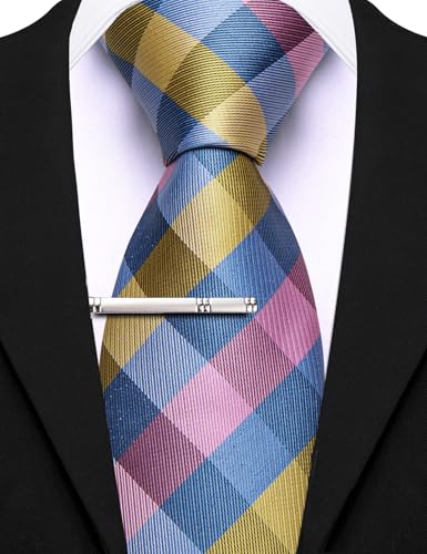 Image of Barry.Wang Plaid Ties Mens Silk Necktie and Tie Clip Checkered Tie for Wedding Party Business Formal