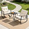 SUNCROWN 3 Piece Outdoor Rocking Bistro Set Black Wicker Furniture Porch Chairs Conversation Sets with Glass Coffee Table, Beige #2