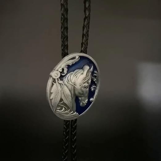 JEAN'S FRIEND Bolo Tie Vintage Con Testa Di Cavallo Western – Smalto Blu E Cordoncino In Pelle – 45x55 Mm