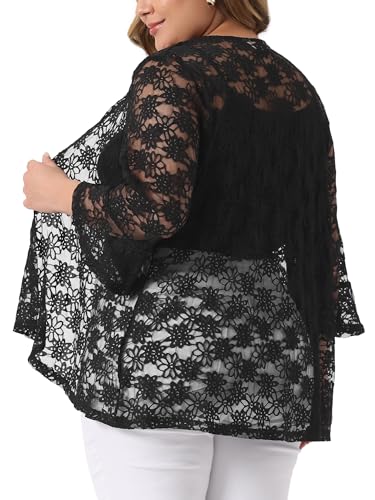Image of Agnes Orinda Women Plus Size Open Front Lace Cardigans | 3 /4 Bell Sleeve Sheer Formal Bolero Shrugs Lightweight Floral Crochet Cover Up