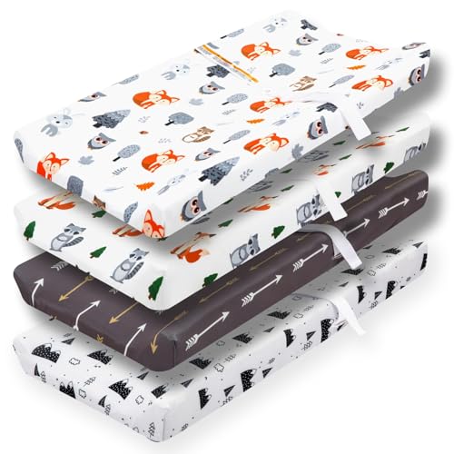 Image of 4 Pack Changing Pad Covers Woodland Forest Animals Wood Neutral Unisex Fitted Baby Changing Pad Cover Set for Baby Boys or Girls