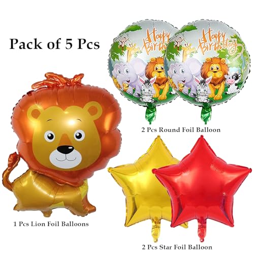 Image of Rozi Decoration Lion Theme Foil Balloon Set for Birthday Decoration, Kids Party, Jungle Theme Party Decor, Animal Theme Balloon Decoration, Multicolor Foil Balloons (Pack of 5)