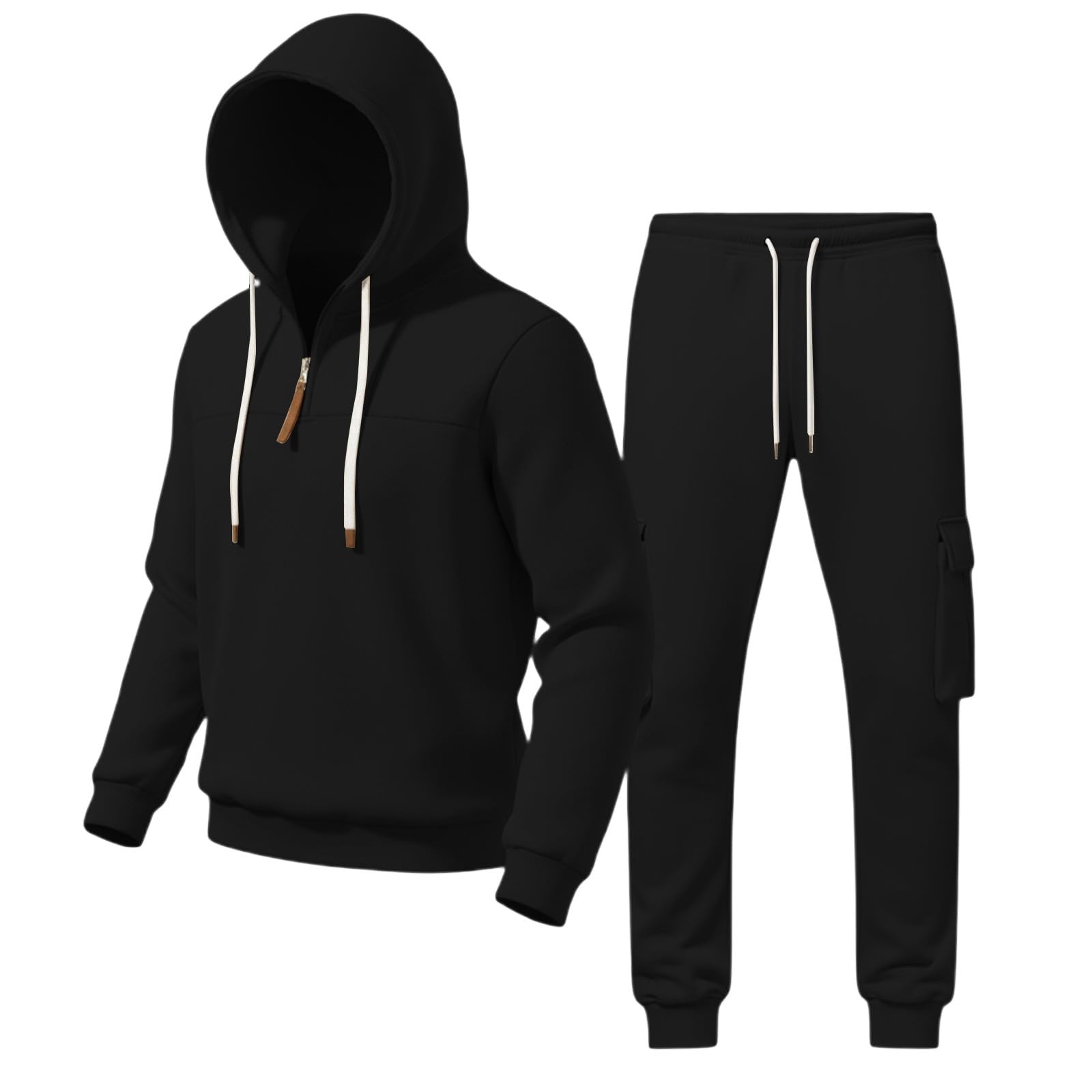 Generisch Chándal para hombre, traje de entrenamiento de 2 piezas, monocolor, juego de sudaderas con capucha con cremallera 1/4 y pantalones cargo, traje de deporte, traje de ocio, traje de invierno