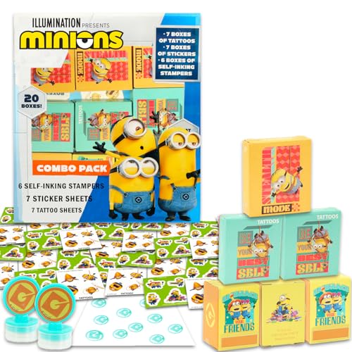 Minions Party Favors for 20 Guests Bundle ~ 20 Pieces Despicable Me Favor Boxes with Stickers, Tattoos and Stampers for Kids Birthday Party | Minions Party Supplies and Decorations Combo Pack