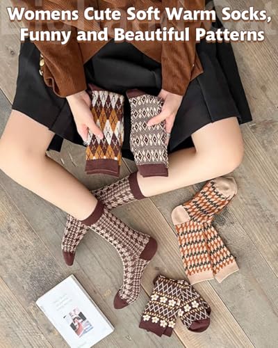 Image of IIG 3-5 Pairs Womens Vintage Cozy Crew Socks Soft Cute Neutral Cotton Socks Exquisite Patterns Socks Gift
