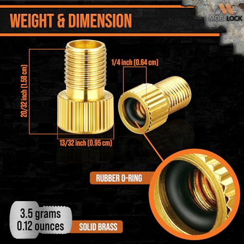 Image of 5 Pcs (+ 10 Caps) Brass Presta Valve Adapter - Convert Presta to Schrader /Auto for All Types of Bikes, e-Bikes and e-Scooters - Inflate Tire Using Standard Pump or Air Compressor - by Mobi Lock