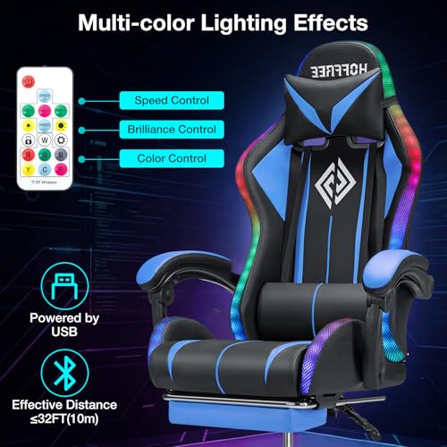 Image of HOFFREE Gaming Chair with LED RGB Lights with Massage and Footrest Ergonomic Computer Chair High Back Video Game Chair with Adjustable Lumbar Support Linkage Armrest Blue and Black