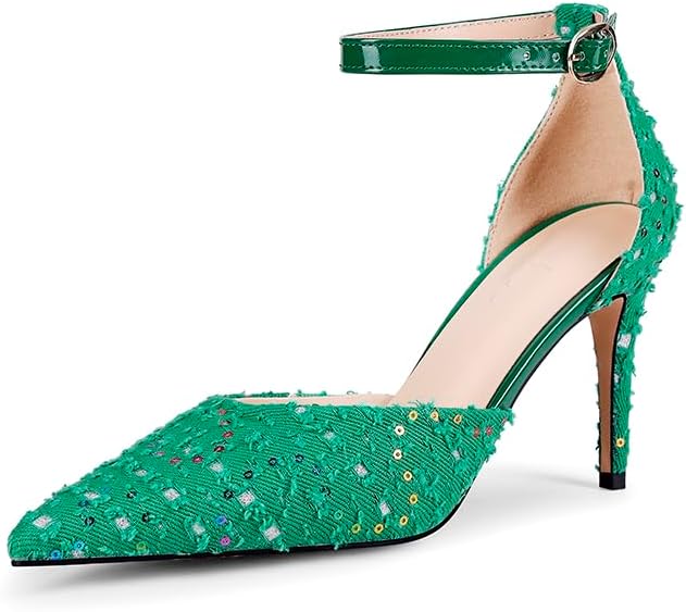 TRKYYK Women's Classic Pointed Toe Sequin Denim Hollow Pumps Ankle Strap Closed Toe Stiletto Dress Sandals Green Size 7